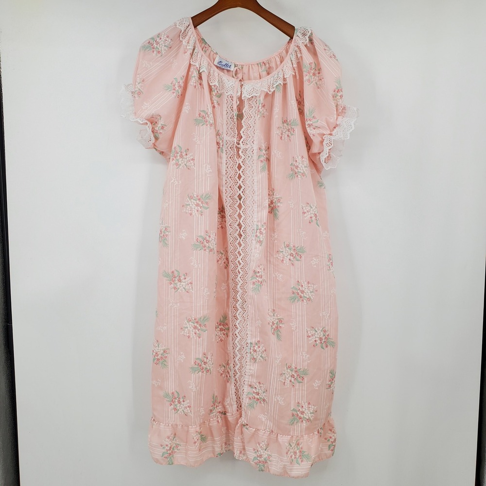 Vintage Ballet NY Pink Floral Lace Trim Ruffle Tie Front Nightgown Sleepwear